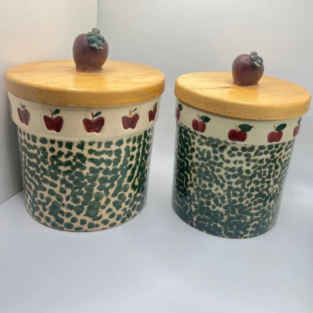 Vintage 90’s Country Apple Green Spongeware Stoneware Crocks/Canisters-set of 2